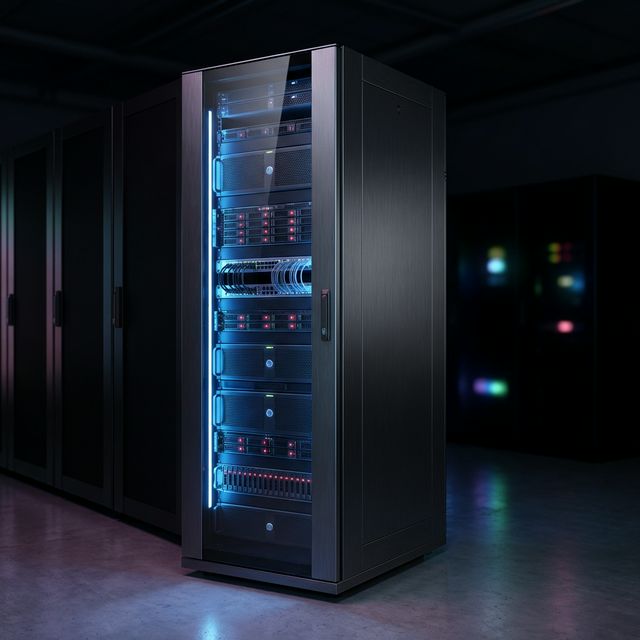 Swiss datacenter server rack with blue LED lighting